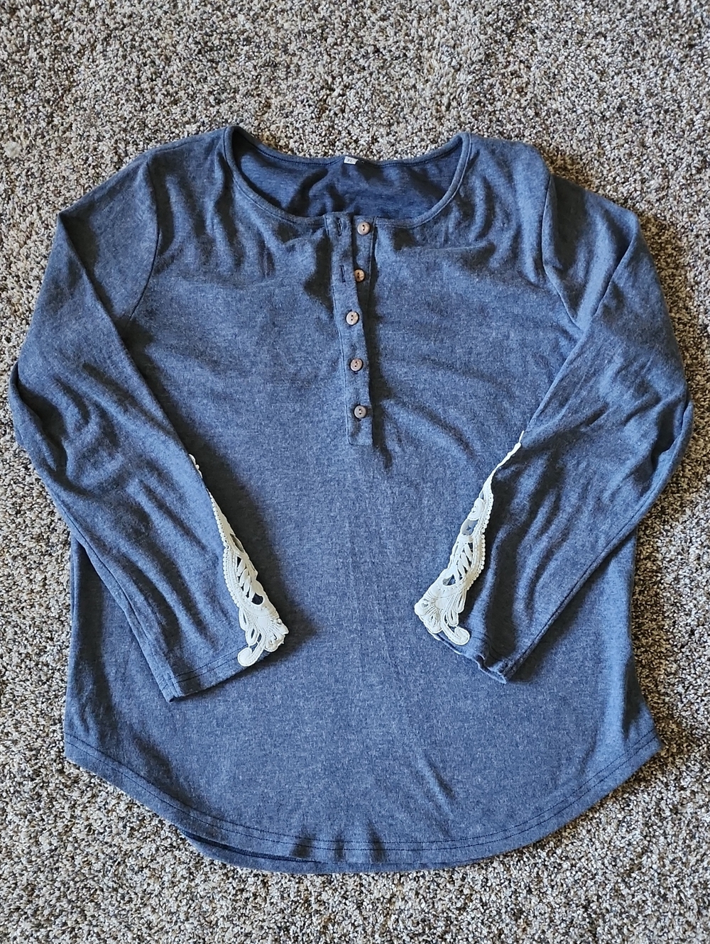 Womens Blue Long-Sleeve Henley Top with Lace Trim XL